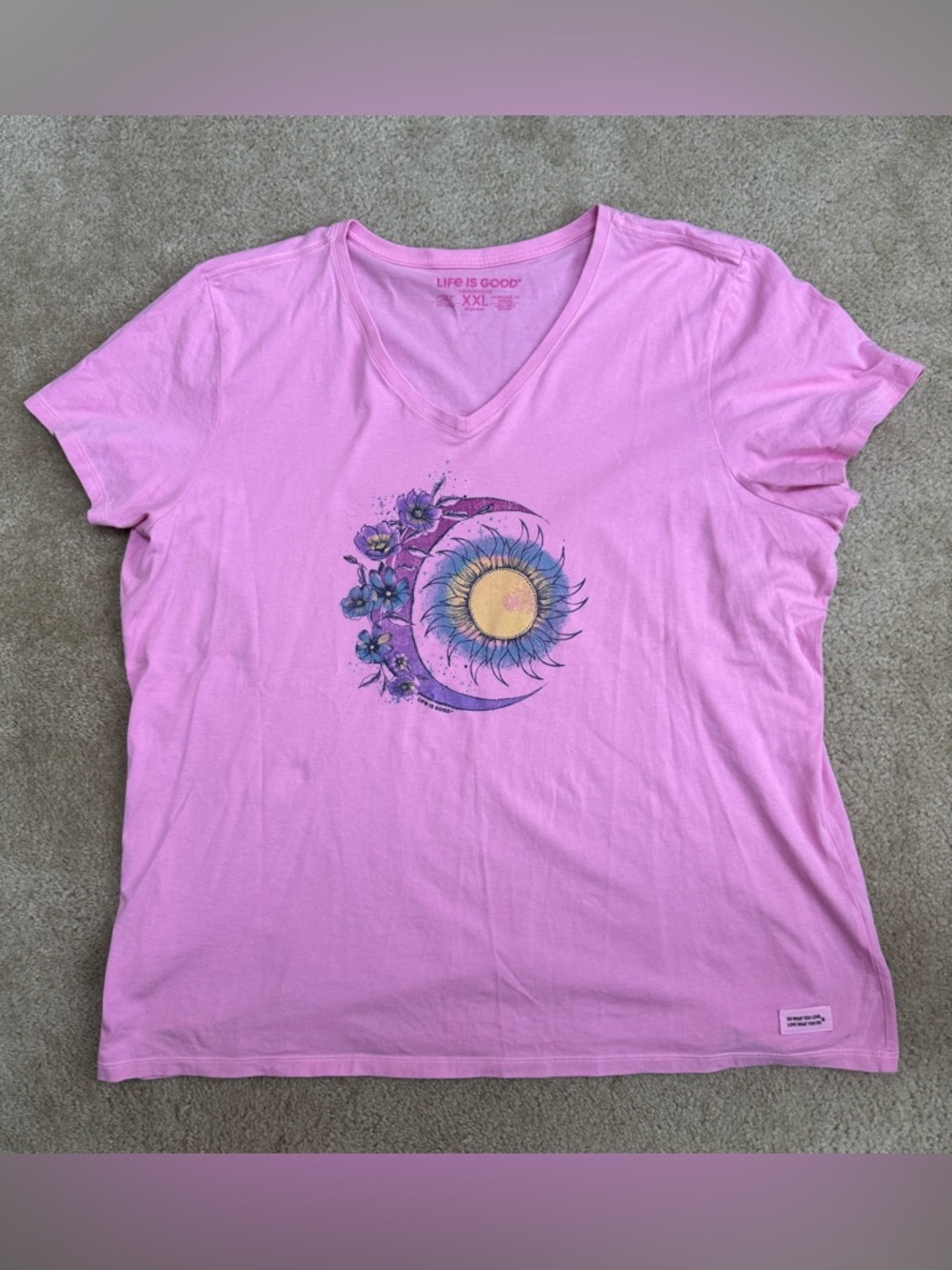 Life Is Good Pink V-Neck Sun & Moon Floral Tee